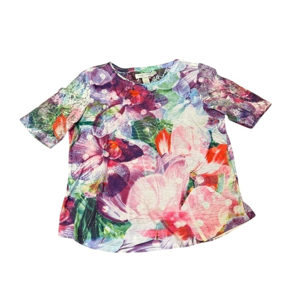 Christopher & Banks‎ Women's Medium Petite Floral Top Lace Sleeve Fitted Shirt